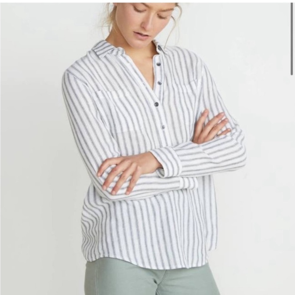 Marine Layer Carrie Linen Popover Striped Button-Up Long Sleeve Shirt Size Small